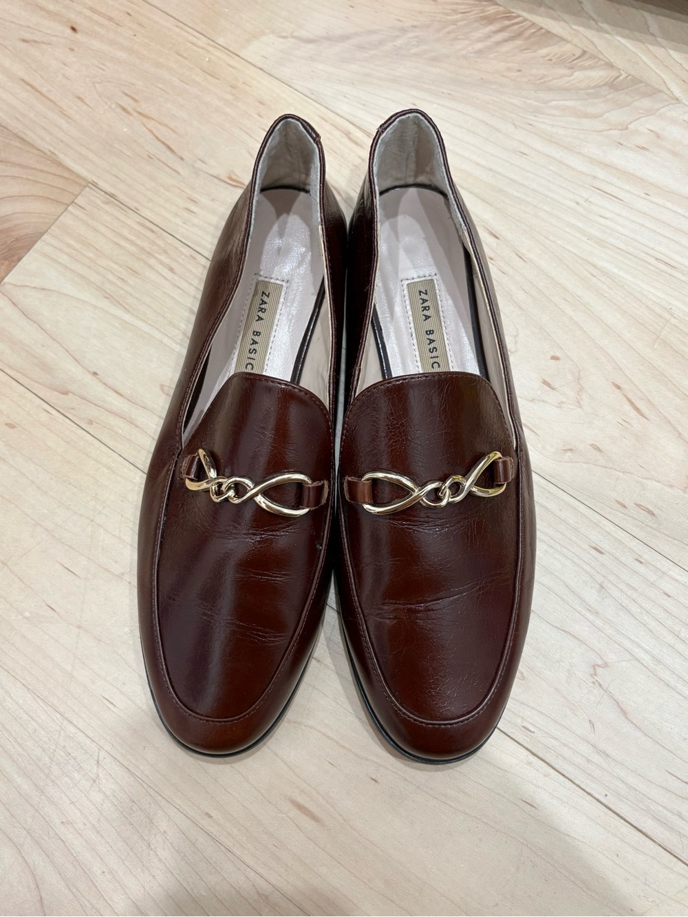 Zara Brown Leather Loafers with Gold Accent